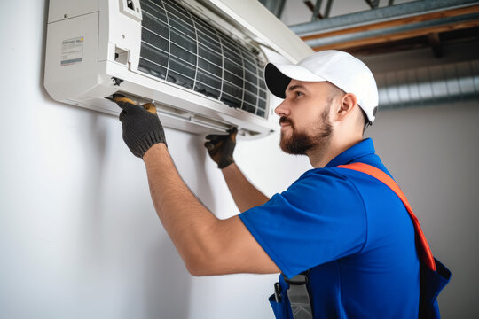 HVAC technician installing a mini split air conditioner in Buckeye