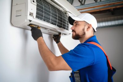 360_F_621046421_Vcay4nYa8ozdeodOQVDfES6MRrC6N3b8 Air conditioning technician servicing a wall-mounted AC unit in Buckeye, AZ